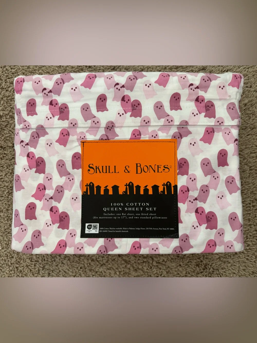 Skull & Bones Pink Ghost Print Queen Sheet Set